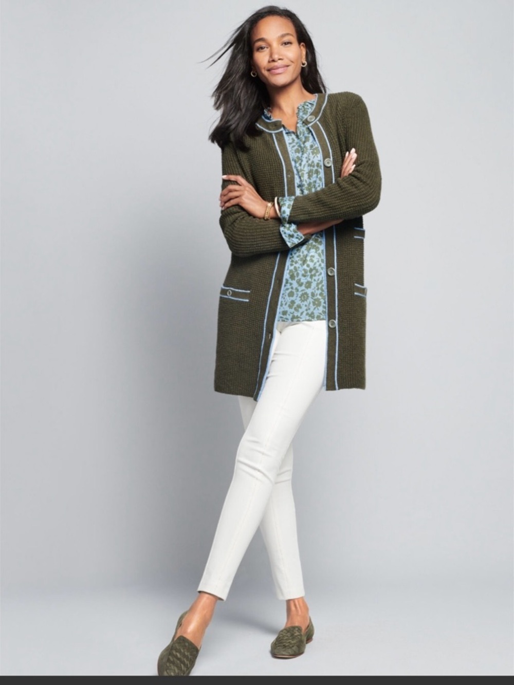 Talbots Womens L Petite Long Cardigan Sweater Gray Green Blue Trim Preppy